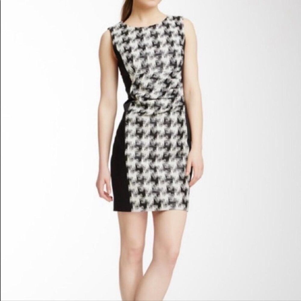 Debbie Shuchat Sheath Dress Black White Muted Houndstooth Print Sleeveless